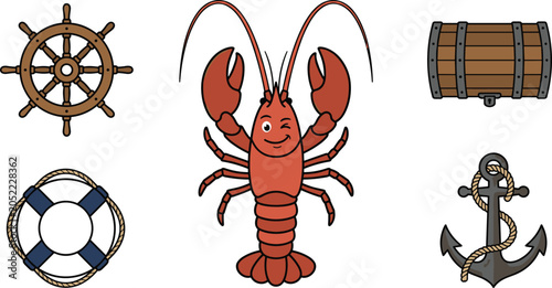 Nautical cartoon set vector illustration featuring a winking lobster character, ship wheel, treasure chest, lifebuoy ring, and metallic anchor with rope.