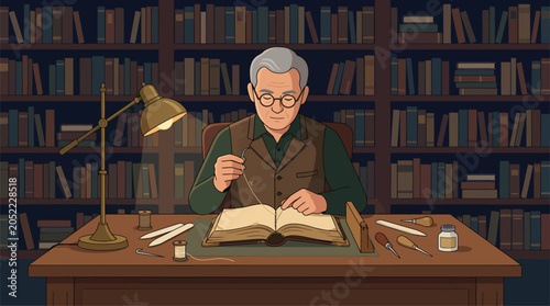 Vászonkép Experienced Librarian Researching Historical Documents in Library; Academic Scho