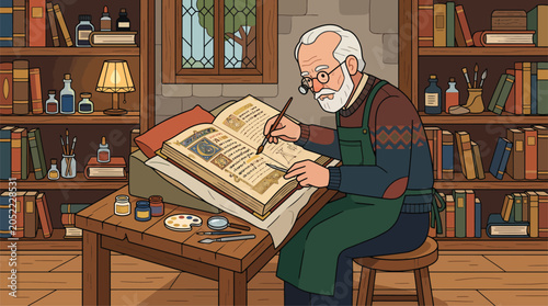 Foto Professional Illustrator Working on Historical Manuscript in Cozy Library Settin