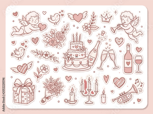 Valentine's day sticker sheet with cute illustrations