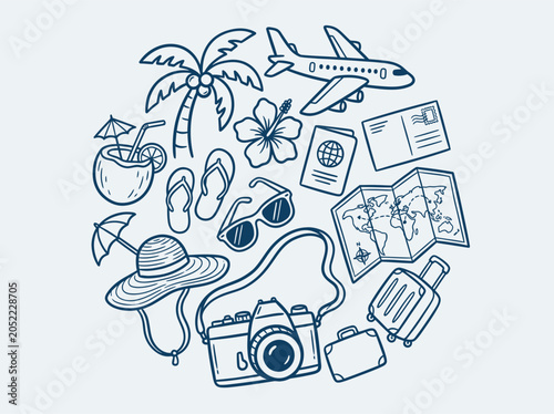 Travel essentials illustration summer vacation items and tropical elements