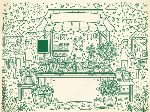 Farmers market illustration with fresh produce and happy customers