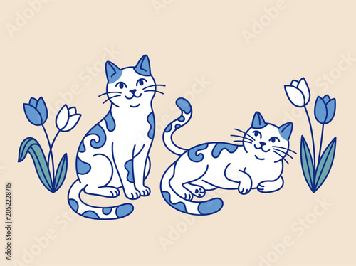 Two white and blue cats with tulips on beige background