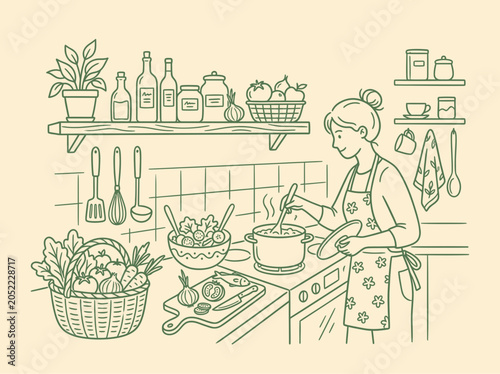 Woman cooking in kitchen with fresh vegetables and ingredients