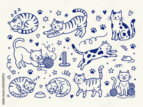Cute cat stickers and doodles collection hand drawn style