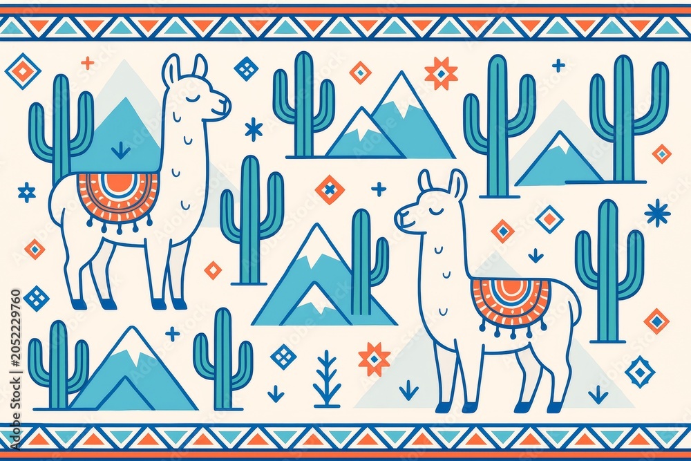 Fototapeta premium Llamas and cacti in stylized Andean desert landscape with mountains and tribal patterns on light abstract background in flat colorful style. Ai generative