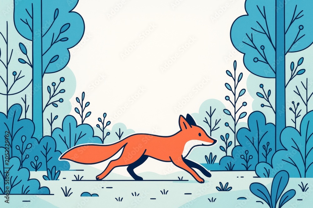 Fototapeta premium Running fox in stylized forest with blank background space perfect for creative design, poster, banner or promotional template concept. Ai generative