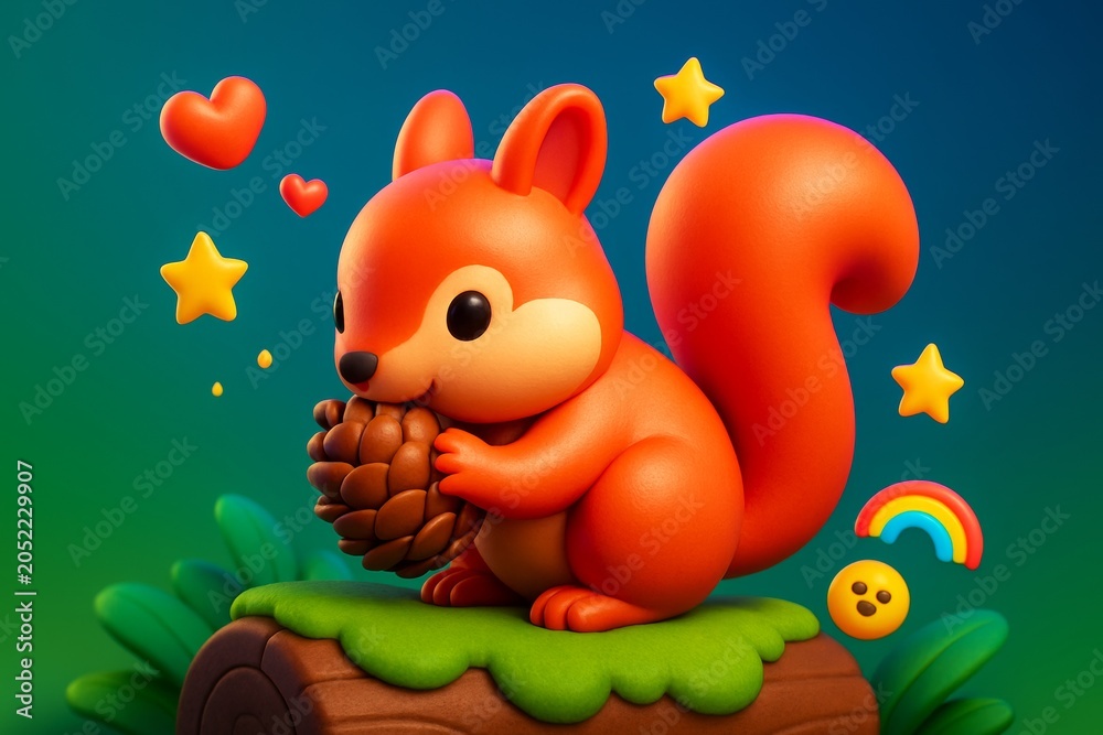 Naklejka premium Cute cartoon squirrel holding pine cone with hearts, stars, and rainbow on colorful background, symbolizing love and happiness concept. Ai generative