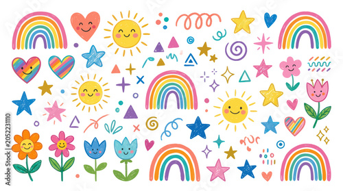 Cute Cartoon Rainbows, Suns, Stars, and Flowers Clipart Set
