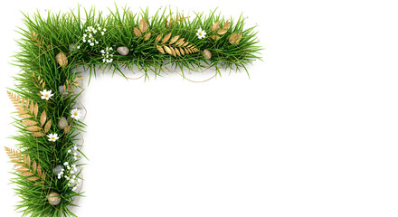 Fresh green grass frame decorated with delicate white flowers and golden leaves on a clean white background border