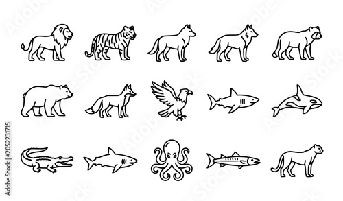 Photography Hand Drawn Wildlife Animal Icon Set with Predators Marine Creatures Birds and Fo