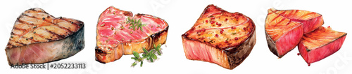Fotografía Watercolor illustration featuring four different prepared tuna steaks, including