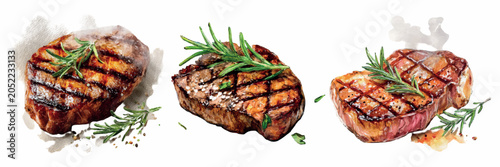 Obraz na płótnie Grilled beef steaks with fresh rosemary sprigs, showing appetizing grill marks a