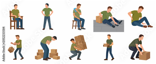 Man experiencing back pain and injuries during manual labor, set of worker characters with bad posture and lifting techniques