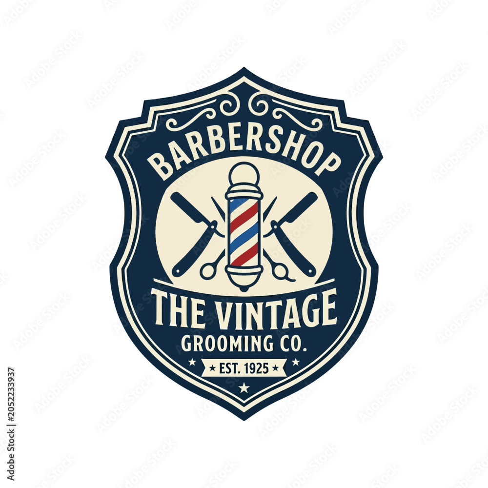 Fototapeta premium Vintage Barbershop Logo with Barber Pole and Shears