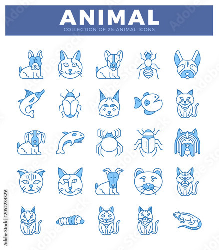 Photography blue line art animal icons on a white background.