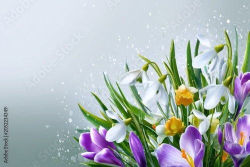 Colorful bouquet of spring flowers including crocuses, snowdrops, and daffodils against a soft gradient background with subtle splashes of color