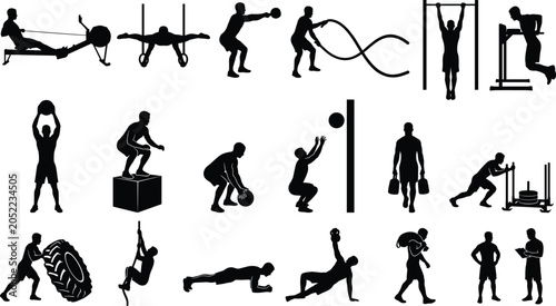 Fotografía High-intensity interval training silhouette icons set featuring functional fitness exercises, gym workouts, and cross-training athletic movements