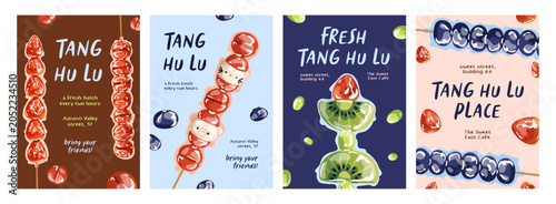 Tanghulu cafe posters set with sugar-coated fruit skewers. Chinese and Korean...