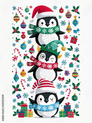 Three cartoon penguins wearing festive hats and scarves, surrounded by Christmas decorations, including ornaments, gifts, and snowflakes on a light background