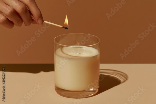 Hand holding a matchstick igniting a scented candle in a clear glass container on a beige surface with a warm brown background