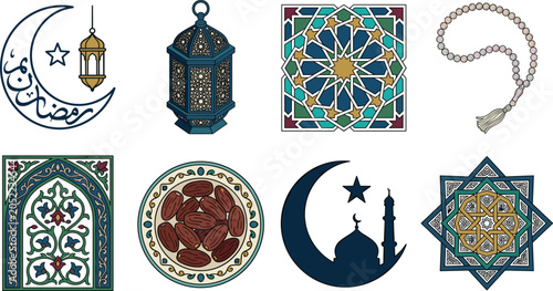 Tableau sur toile Islamic Ramadan celebration element set featuring crescent moon mosque lantern p