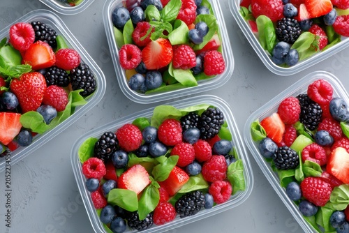 Assorted fresh berries including strawberries, raspberries, blueberries, and blackberries arranged with basil leaves in clear plastic containers on a gray surface