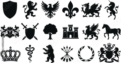 Photos Medieval heraldic symbols and coat of arms elements vector silhouette set featur