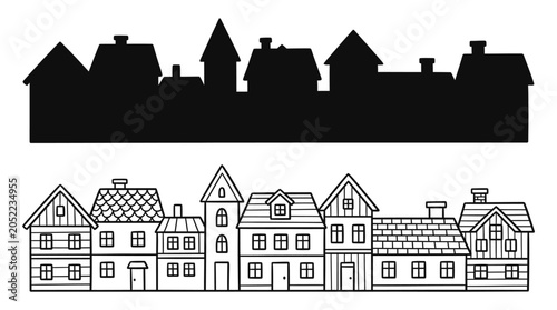 Building silhouettes and detailed townscape black and white illustration