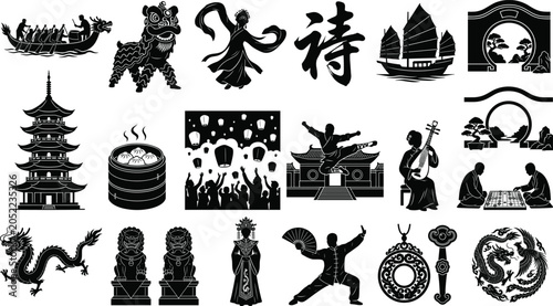 Foto Traditional Chinese culture icons and elements silhouette set featuring dragon,