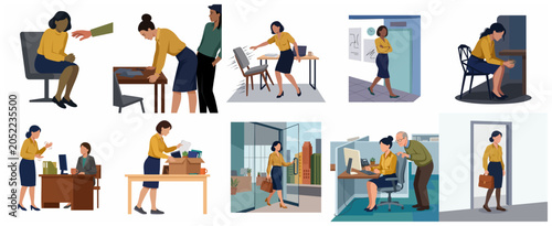 Принти на полотні Flat illustration set of a woman experiencing sexual harassment, intimidation, and workplace bullying in an office environment including being fired and leaving the job