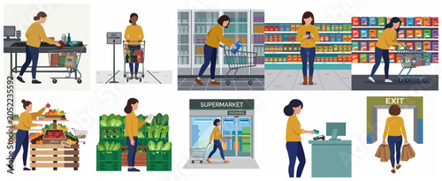 Принти на полотні Collection of flat vector illustrations depicting a woman shopping in a supermarket, from picking groceries and choosing fruits to paying at the checkout counter and exiting with bags