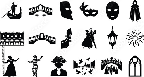 Obraz na płótnie Venice Carnival Silhouette Icon Set Featuring Gondolas Venetian Masks Historic B