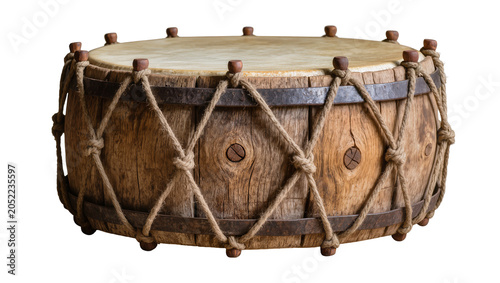 Photography Rustic wooden drum with rope lacing and metal bands