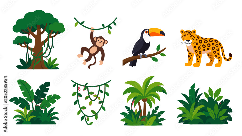 Naklejka premium Cute jungle animals and tropical plants vector set