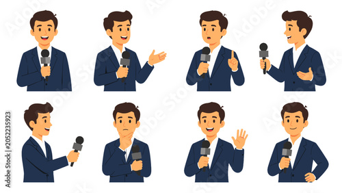 Schilderij op canvas Set of male reporter characters holding microphones in poses