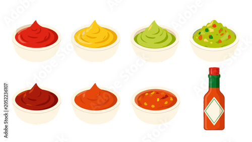Fotografía Vector set of sauce bowls and hot sauce bottle icons