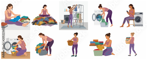 Set of flat vector illustrations of a woman performing laundry chores, washing machine tasks, folding clothes, and managing household duties in a minimalist style.