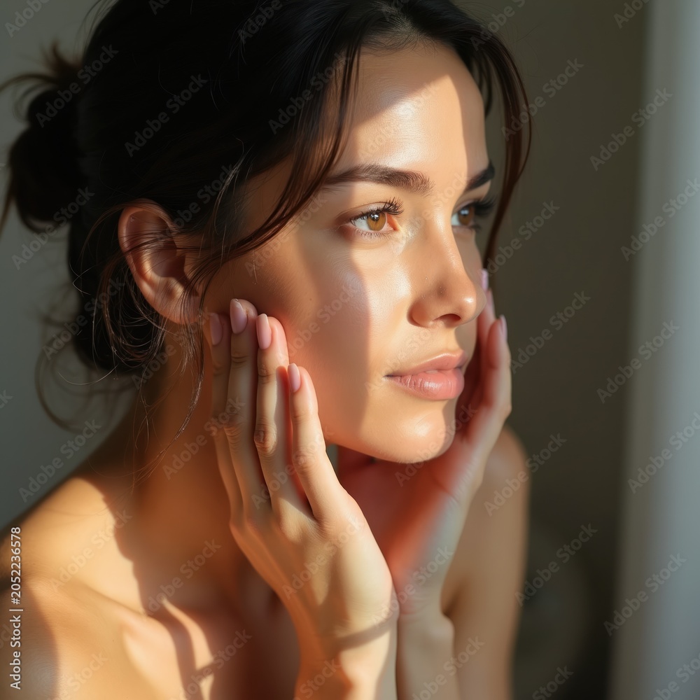 Naklejka premium Woman applies face cream gently. She inspects skin with soft hands. Morning light illuminates her natural beauty. Healthy woman starts her day.