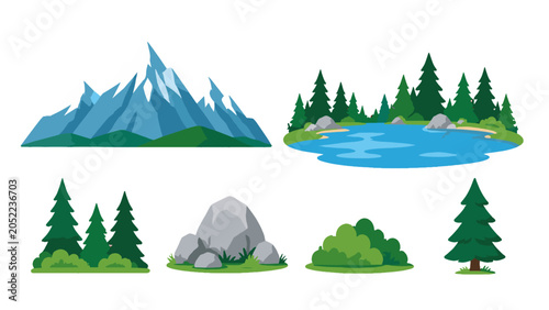 Φωτογραφία Vector set of mountains, lake, trees, rocks and bushes