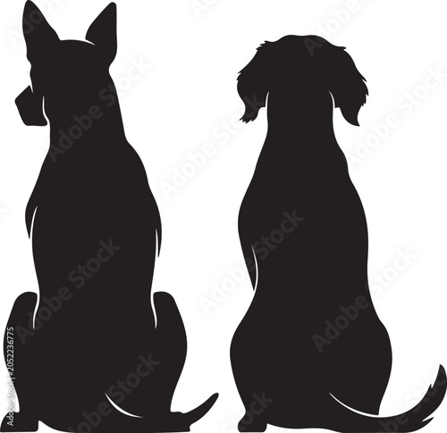 Quadro su tela Two black and white dog rear views, sitting, facing away from the viewer