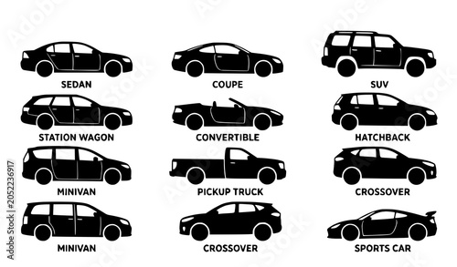 Foto Car body type silhouette vector set with sedan SUV coupe and pickup icons