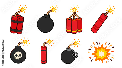 Foto Cartoon explosive bomb and dynamite icon set