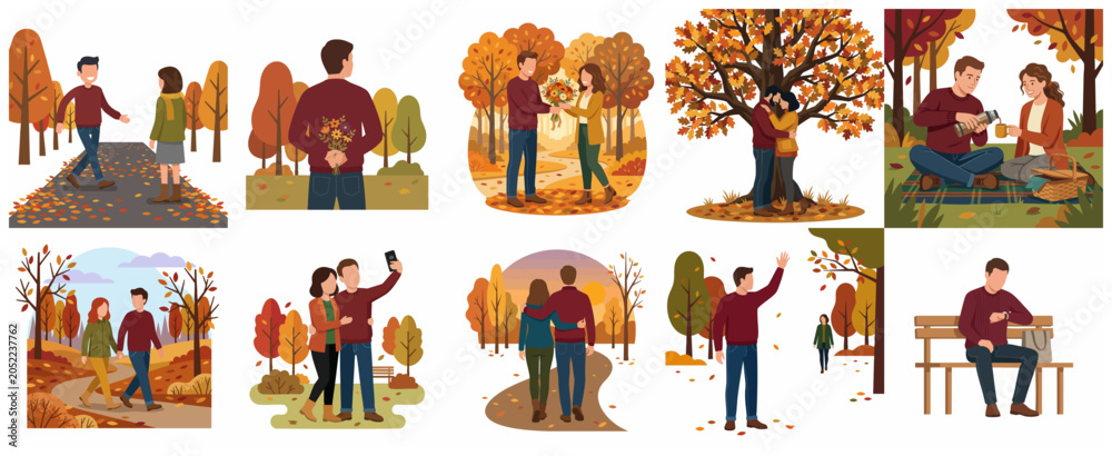 Fototapeta premium Flat vector illustration set of young couples and people enjoying autumn activities in the park, including romantic dates, walking, and picnics in the fall season.
