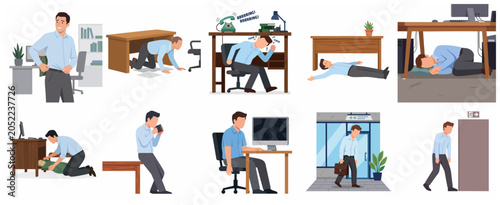 Businessman Character Set Illustrating Workplace Stress, Burnout, and Mental Health Issues in Office Environment