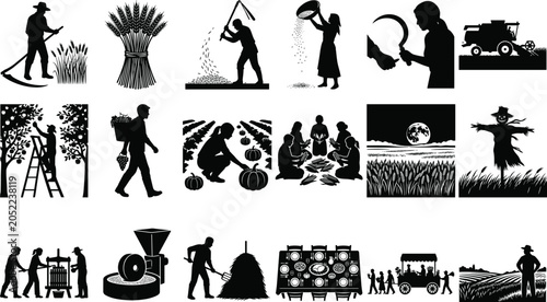 Photography Agriculture and traditional farming silhouette vector icon set featuring rural h