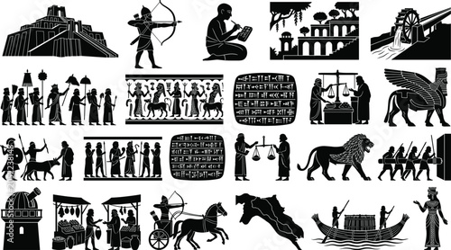 Obraz na płótnie Ancient Mesopotamian history and culture silhouette icons set featuring sumerian