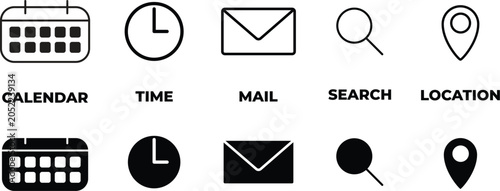 Photos A collection of five modern minimalist icons, featuring both line art and solid fill styles