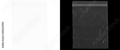 Billede på lærred Transparent plastic zipper bag mockup, empty clear poly bag with seal, wrinkled