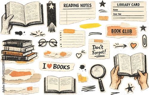 Vintage book lover scrapbook elements, hand drawn library card and reading notes vector set, nostalgic literature journal stickers with paper scraps